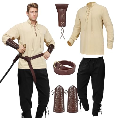 Antsparty Mittelalter Kleidung Herren Kostüm, Herren Mittelalter Hemd+Hose mit Gürtel Handgelenkhalter, Herren Renaissance Mittelalter Vintage Kostüm für Karneval Halloween von Antsparty