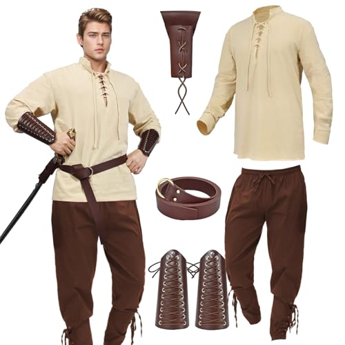 Antsparty Mittelalter Kleidung Herren Kostüm, Herren Mittelalter Hemd+Hose mit Gürtel Handgelenkhalter, Herren Renaissance Mittelalter Vintage Kostüm für Karneval Halloween von Antsparty