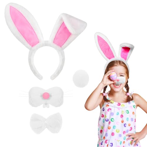 Antsparty Hasenkostüm Kinder, 4Pcs Kaninchen Kostüm Set mit Hasenohren-Stirnband Hasennase Fliege Hasenschwanz, Faschingskostüm Hase für Ostern Karneval Kostümparty von Antsparty