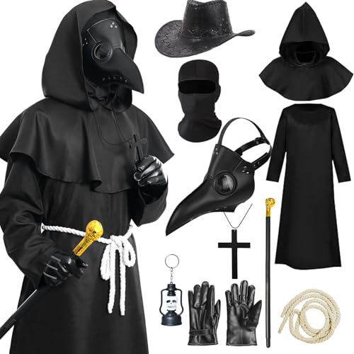 Antsparty Pestdoktor Kostüm Halloween Herren Plague Doctor Costume mit Maske Hut Kreuz-Halskette Zepter Handschuhe, Pestdoktor Kostüm für Halloween Karneval Erwachsene Kostüm von Antsparty