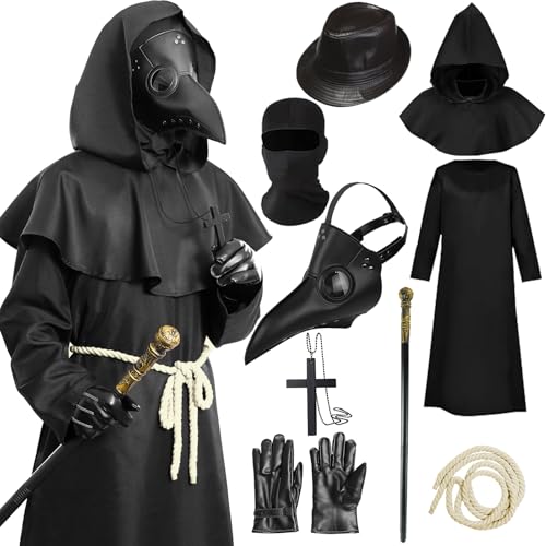 Antsparty Pestdoktor Kostüm Halloween Herren Plague Doctor Costume mit Maske Hut Kreuz-Halskette Zepter Handschuhe, Pestdoktor Kostüm für Halloween Karneval Antsparty Pestdoktor Kostüm Halloween Herren Plague Doctor Costume mit Maske Hut Kreuz-Halskette Zepter Handschuhe, Pestdoktor Kostüm für Halloween Karneval von Antsparty