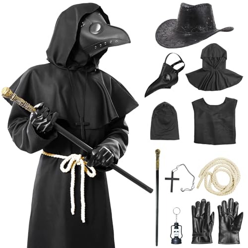 Antsparty Pestdoktor Kostüm Halloween Herren Plague Doctor Costume mit Maske Hut Kreuz-Halskette Zepter Handschuhe, Pestdoktor Kostüm für Halloween Karneval Erwachsene Kostüm von Antsparty