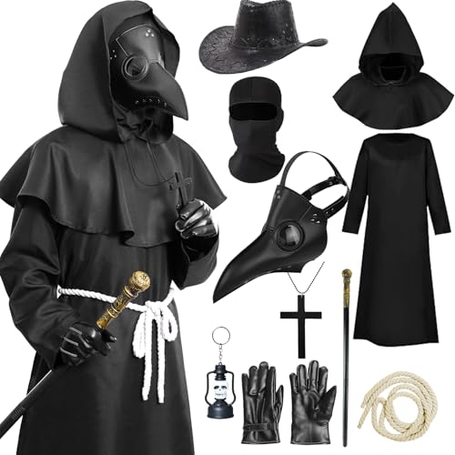 Antsparty Pestdoktor Kostüm Halloween Herren Plague Doctor Costume mit Maske Hut Kreuz-Halskette Zepter Handschuhe, Pestdoktor Kostüm für Halloween Karneval Erwachsene Kostüm von Antsparty