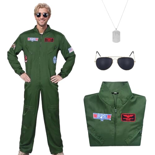 Antsparty Pilotenkostüm für Herren, Pilotenkostüm, Set mit Piloten-Overall, Halskette, Sonnenbrille, grüner Flieger-Fluganzug für Herren, Erwachsene, Halloween, Cosplay-Kostüm von Antsparty