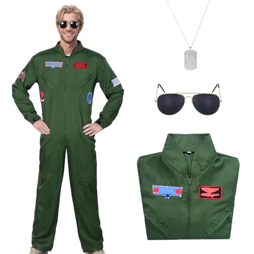 Antsparty Pilotenkostüm für Herren, Pilotenkostüm, Set mit Piloten-Overall, Halskette, Sonnenbrille, grüner Flieger-Fluganzug für Herren, Erwachsene, Halloween, Cosplay-Kostüm von Antsparty