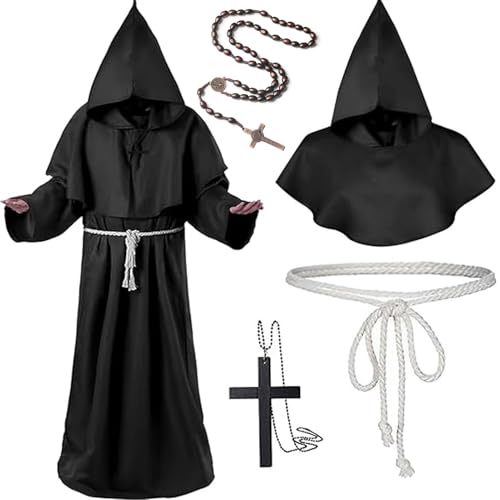 Antsparty Mönch Kostüm Herren Halloween Priester Kostüm, Mönch Priester Gewand mit Kapuze Kreuz, Herren Mittelalter Renaissance Mönch Robe Kostüm für Halloween Cosplay Karneval von Antsparty