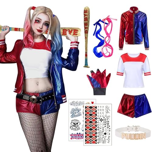 Antsparty Quinn Cosplay Kostüme für Erwachsene Kinder, Mädchen Bösewicht Suicide Kostüm mit Jacke T-shirt Shorts Handschuhe, Halloween Karneval Cosplay Kostüme Damen Kinder von Antsparty