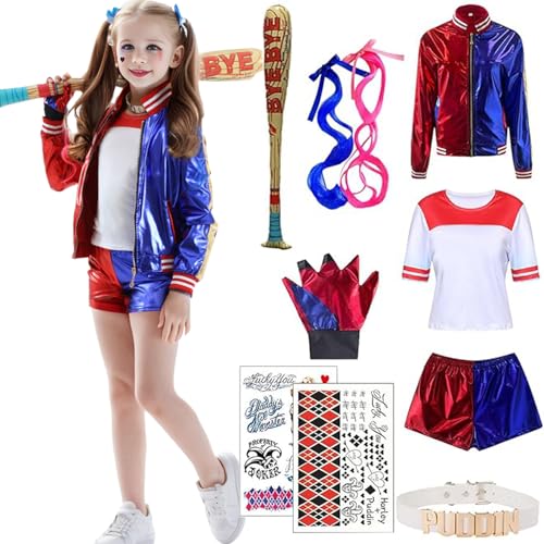 Antsparty Quinn Cosplay Kostüme für Erwachsene Kinder, Mädchen Bösewicht Suicide Kostüm mit Jacke T-shirt Shorts Handschuhe, Halloween Karneval Cosplay Kostüme Damen Kinder von Antsparty