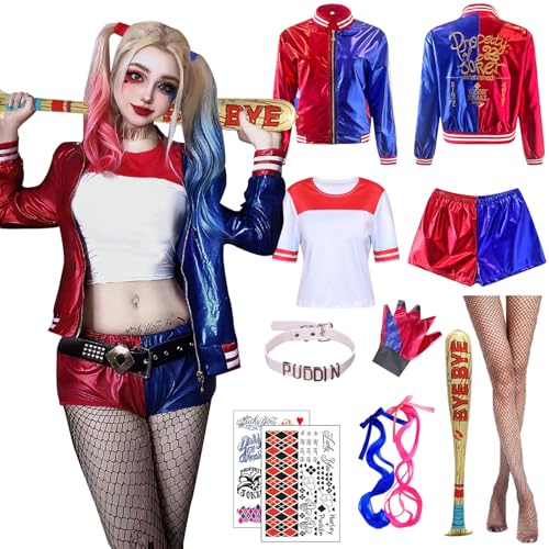 Antsparty Quinn Cosplay Kostüme für Erwachsene Kinder, Mädchen Bösewicht Suicide Kostüm mit Jacke T-shirt Shorts Handschuhe, Halloween Karneval Cosplay Kostüme Damen Kinder von Antsparty