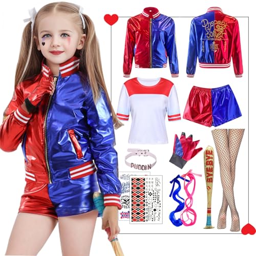 Antsparty Quinn Cosplay Kostüme für Erwachsene Kinder, Mädchen Bösewicht Suicide Kostüm mit Jacke T-shirt Shorts Handschuhe, Halloween Karneval Cosplay Kostüme Damen Kinder von Antsparty