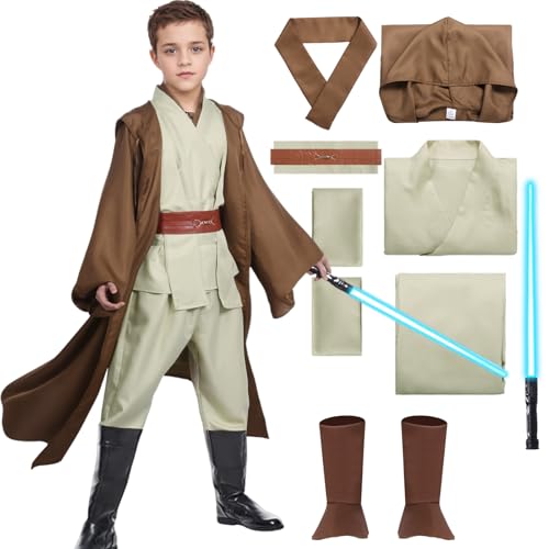 Antsparty Ritter Kostüm für Kinder, 9-teiliges Ritter Robe Set mit Umhang Hemd Hosen Lichtschwert Halskette, Mittelalterliches Kostüm Outfit für Halloween Cosplay Karneval Party von Antsparty