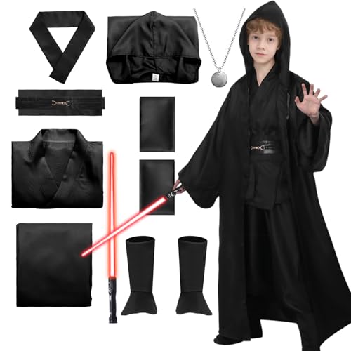 Antsparty Ritter Kostüm für Kinder, 9-teiliges Ritter Robe Set mit Umhang Hemd Hosen Lichtschwert Halskette, Mittelalterliches Kostüm Outfit für Halloween Cosplay Karneval Party von Antsparty