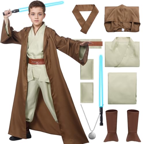 Antsparty Ritter Kostüm für Kinder, 9-teiliges Ritter Robe Set mit Umhang Hemd Hosen Lichtschwert Halskette, Mittelalterliches Kostüm Outfit für Halloween Cosplay Karneval Party von Antsparty