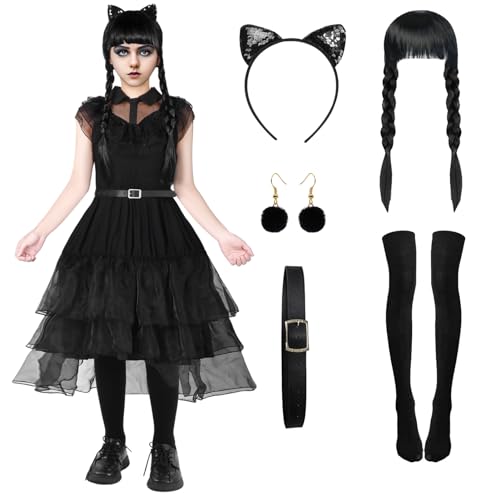 Antsparty Schwarz Kleid Kostüm für Mädchen Damen, Gothic Kleider Outfits mit Perücke, Stirnband, Ohrring, Socken, Gothic Kleidung für Mädchen Halloween Karneval Cosplay Kostüm von Antsparty