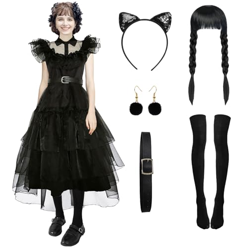 Antsparty Schwarz Kleid Kostüm für Mädchen Damen, Gothic Kleider Outfits mit Perücke, Stirnband, Ohrring, Socken, Gothic Kleidung für Mädchen Halloween Karneval Cosplay Kostüm von Antsparty