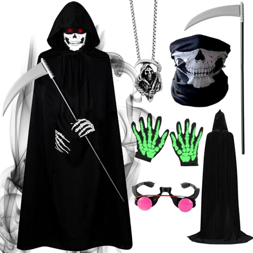 Antsparty Sensenmann Kostüm Kinder Halloween Kostüm Jungen Herren, Sensenmann Kostüm mit Teufel Umhang Sense Brille Maske, Sensenmann Umhang für Halloween Cosplay Antsparty Sensenmann Kostüm Kinder Halloween Kostüm Jungen Herren, Sensenmann Kostüm mit Teufel Umhang Sense Brille Maske, Sensenmann Umhang für Halloween Cosplay von Antsparty