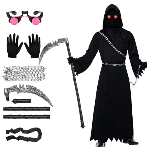 Antsparty Sensenmann Kostüm Kinder Jungen Halloween Kostüm mit Sensenmann Umhang Brille Sense Kette, Gruselig Sensenmann Halloween Kostüm für Jungen Herren Antsparty Sensenmann Kostüm Kinder Jungen Halloween Kostüm mit Sensenmann Umhang Brille Sense Kette, Gruselig Sensenmann Halloween Kostüm für Jungen Herren von Antsparty