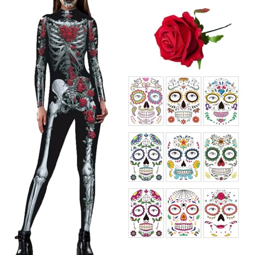 Antsparty Skelett-Kostüm für Damen, Skelett-Halloween-Kostüm, Blumenskelett, Damen-Kostüm für Halloween, Karneval, Themenpartys von Antsparty