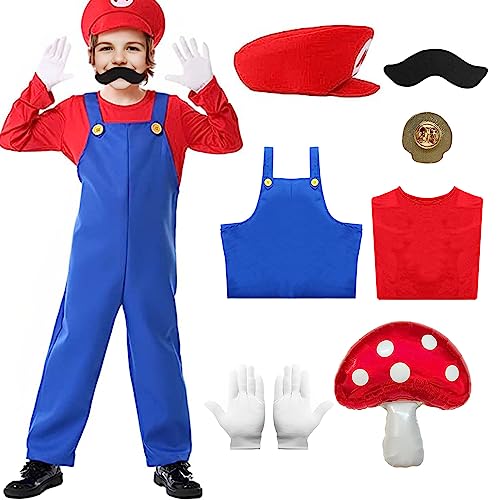 Antsparty Super Brüder Kostüm Herren Kinder, 7 Stück Klempner-Brüder Kostüm mit T-Shirt Hose Hut Handschuhe Bart Brosche, Super Brüder Kostüm für Karneval Halloween Cosplay von Antsparty