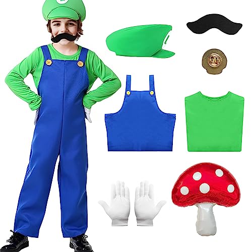 Antsparty Super Brüder Kostüm Kinder, 7 Stück Klempner-Brüder Kostüm mit T-Shirt Hose Hut Handschuhe Bart Brosche, Super Brüder Kostüm für Karneval Halloween Cosplay von Antsparty