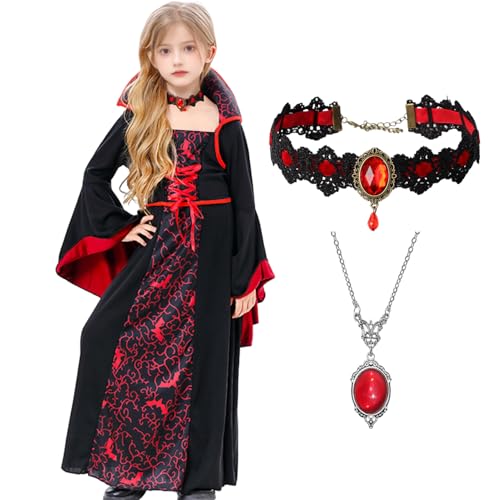 Antsparty Vampir Kostüm Mädchen Halloween Kostüme, Kinder Vampir Königin Kostüm mit Halsband, Vampir Verkleidung Halloween Karneval Fasching Cosplay von Antsparty