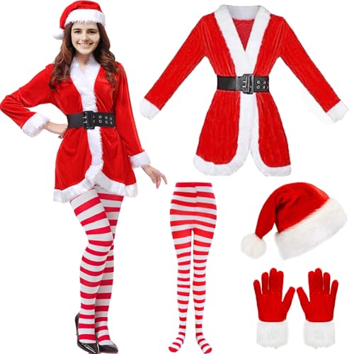 Antsparty Weihnachtsfrau Kostüm Damen, Weihnachtsmann Kostüm Damen, Frauen Nikolaus Kostüm Set mit Hut Handschuhe Gestreifte Hosen, Damen Weihnachts Kostüm für Weihnachtsfeier von Antsparty