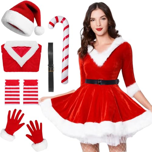 Antsparty Weihnachtsmann Kostüm Damen, Weihnachten Kostüm Set mit Hut Handschuhe Socken, Frauen Nikolaus Kostüm Weihnachts Cosplay Kostüm Damen Weihnachtskleider für Weihnachtsfeier von Antsparty