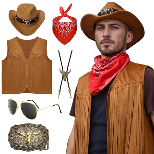 Antsparty Western-Cowboy-Kostüm, Herren-Kostüm, 70er-Jahre-Kostüm, Set mit Fransenweste, Cowboyhut, Sonnenbrille, rotes Bandana, Halloween-Cowboy-Kostüm, Retro-Kostüm, 70er-Hippie-Kostüm von Antsparty