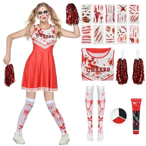 Antsparty Zombie Cheerleader Kostüm für Kinder und Erwachsene, Zombie-Cheerleader-Kostüm-Set für Mädchen, Cosplay, High School Cheerleader, Mädchen, Uniform, Halloween, Karneval, Maskerade von Antsparty