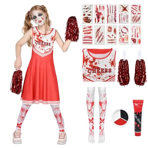 Antsparty Zombie Cheerleader Kostüm für Kinder und Erwachsene, Zombie-Cheerleader-Kostüm-Set für Mädchen, Cosplay, High School Cheerleader, Mädchen, Uniform, Halloween, Karneval, Maskerade von Antsparty