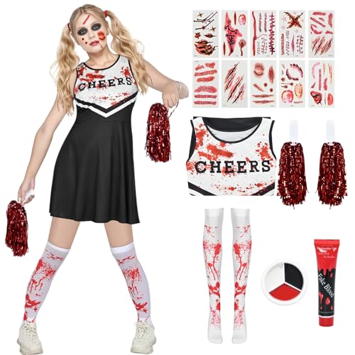 Antsparty Zombie Cheerleader Kostüm für Kinder und Erwachsene, Zombie-Cheerleader-Kostüm-Set für Mädchen, Cosplay, High School Cheerleader, Mädchen, Uniform, Halloween, Karneval, Maskerade von Antsparty