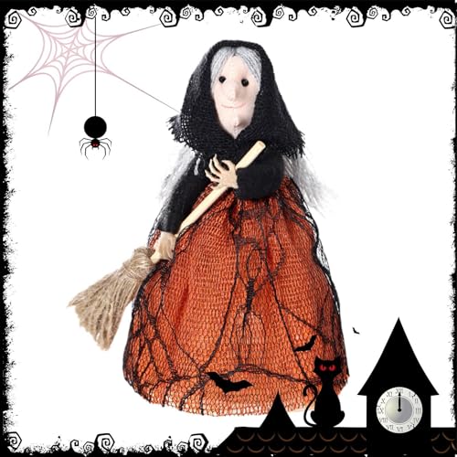 Anulely Horror Besen Puppe Halloween Dekoration,Hexe auf Besen Halloween Puppe - Hexenpuppe Halloween Dekoration,Handgefertigte Halloween-Dekorations-Requisiten, Halloween-Puppe für Familie, Freunde, von Anulely