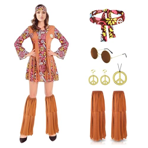 Anxicer 70er Jahre Damen Hippie kostüm: Hippie Kleidung 60er 70er Jahre Bekleidung - Kleid Disco Outfit Faschingskostüme Mädchen für Fasching Karneval Party (L) von Anxicer