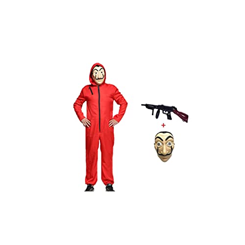 Anxicer Halloween Kostüm Bankräuber Overall für Karneval Dieb Kostüm Overall Rot Langarm Strampler mit Kapuze,Cosplay Set Maske Und Maschinengewehr Fasching Kostüm (Adult-M-170-175) von Anxicer