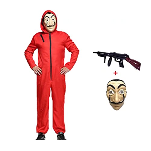 Anxicer Halloween Kostüm Bankräuber Overall für Karneval Dieb Kostüm Overall Rot Langarm Strampler mit Kapuze,Cosplay Set Maske Und Maschinengewehr Fasching Kostüm von Anxicer