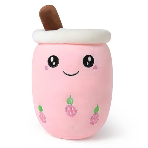 Anyhot Plüschtier Boba Tea, Plüsch, Bubble Tea, Plüsch, Spielzeug, Milchteetasse, Kissen für Puppe, Schießkissen, Geschenk für Kinder, Mädchen und Jungen, Erdbeerrosa, 35 cm von Anyhot