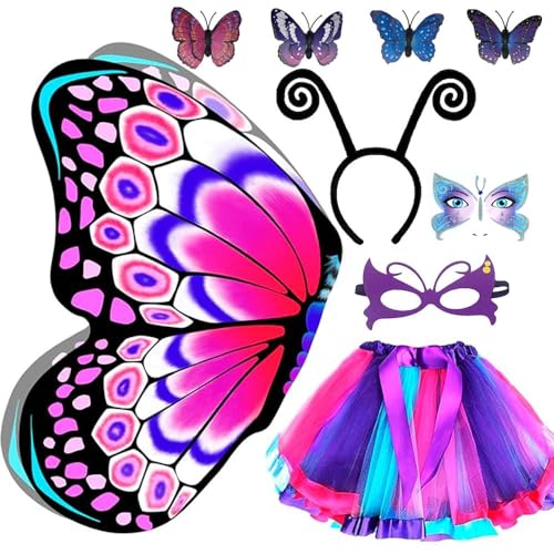 9 Stück Schmetterling Kostüm Kinder Mädchen,Schmetterlingsflügel Kostüm Kinder,Schmetterling umhang kind mit Maske und Tutu Rock,Faschingskostüme Kinder Mädchen mit Face Art Sticker Schmetterling von Anyingkai