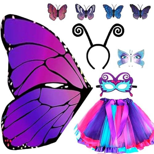 9 Stück Schmetterling Kostüm Kinder Mädchen,Schmetterlingsflügel Kostüm Kinder,Schmetterling umhang kind mit Maske und Tutu Rock,Faschingskostüme Kinder Mädchen mit Face Art Sticker Schmetterling von Anyingkai