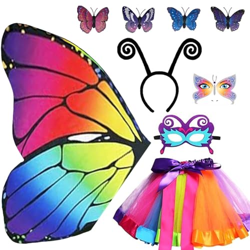 9 Stück Schmetterling Kostüm Kinder Mädchen,Schmetterlingsflügel Kostüm Kinder,Schmetterling umhang kind mit Maske und Tutu Rock,Faschingskostüme Kinder Mädchen mit Face Art Sticker Schmetterling von Anyingkai