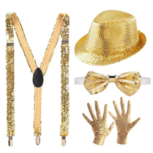 Anyingkai 4 Set Glitzer Accessoires Herren,Glitzer Outfit Herren,Pailletten Zylinder Hut Hosenträger,Pailletten Hosenträger Set,Glitzer Fliege und Hosenträger Herren,Gold Pailletten Kostüm von Anyingkai