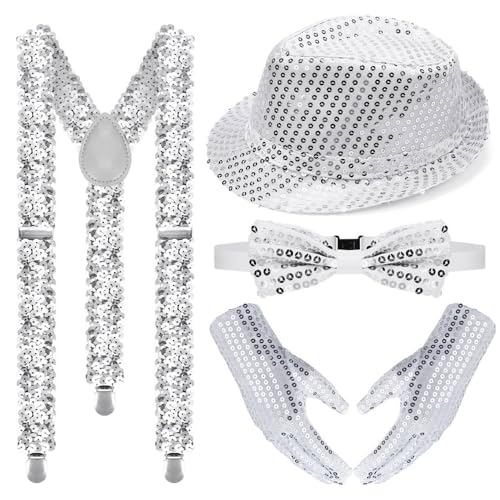 Anyingkai 4 Set Glitzer Accessoires Herren,Glitzer Outfit Herren,Pailletten Zylinder Hut Hosenträger,Pailletten Hosenträger Set,Glitzer Fliege und Hosenträger Herren,Pailletten Kostüm Silber von Anyingkai