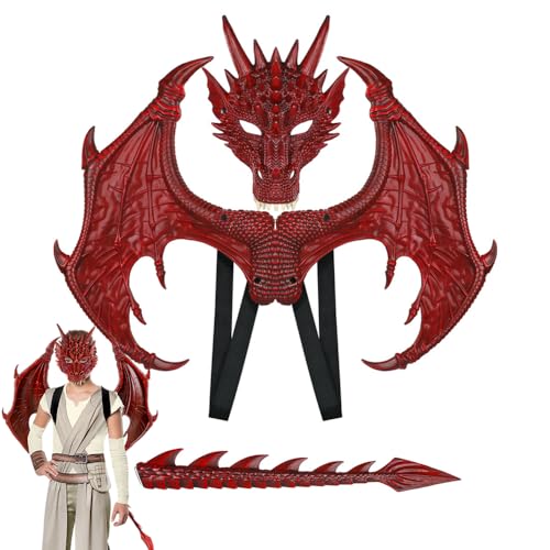 Anyingkai Halloween Drachenflügel Schwanz Masken Set,3 Stücke Halloween-Dinosaurier Cosplay Set für Kinder,Drachen kostüm kinder,Halloween Drachen Maske Drachen Cosplay Kostüm(Rot) von Anyingkai