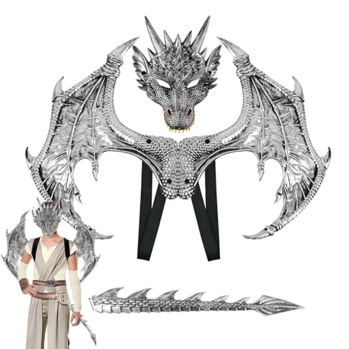 Anyingkai Halloween Drachenflügel Schwanz Masken Set,3 Stücke Halloween-Dinosaurier Cosplay Set für Kinder,Drachen kostüm kinder,Halloween Drachen Maske Drachen Cosplay Kostüm (Silber) von Anyingkai