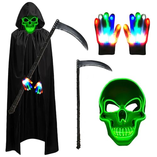 Anyingkai Halloween Sensenmann Kostüm Set,Halloween Kostüm Jungen Mit LED Halloween Maske Totenkopf,Led handschuhe halloween,Sense,für Halloween Cosplay Party und Feste Decoration von Anyingkai