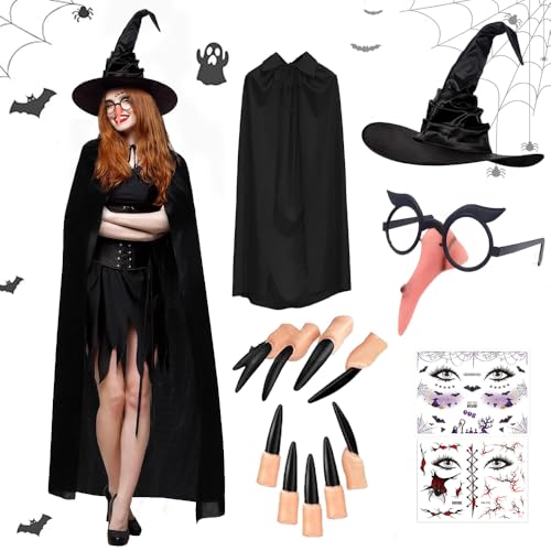 Halloween Hexenkostüm Damen,6 Stück Set Kostüm Damen Hexe Accessoires,Vampir Umhang Hexenhut Halloween,Halloween Frauen Hexenhut,Witch Costume Women,Hexenumhang für Erwachsene Karneval Cosplay von Anyingkai