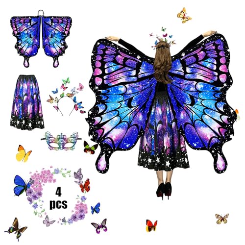 Anyingkai Schmetterling Kostüm Damen,Schmetterlingsflügel Erwachsene,4-teiliges Set Schmetterling Umhang,Schmetterling Damen Umhang,Schmetterlingskostüm Flügel Cosplay Fasching Skostüme für Karneval von Anyingkai