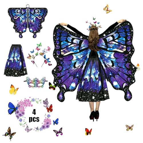 Anyingkai Schmetterling Kostüm Damen,Schmetterlingsflügel Erwachsene,4-teiliges Set Schmetterling Umhang,Schmetterling Damen Umhang,Schmetterlingskostüm Flügel Cosplay Fasching Skostüme für Karneval von Anyingkai