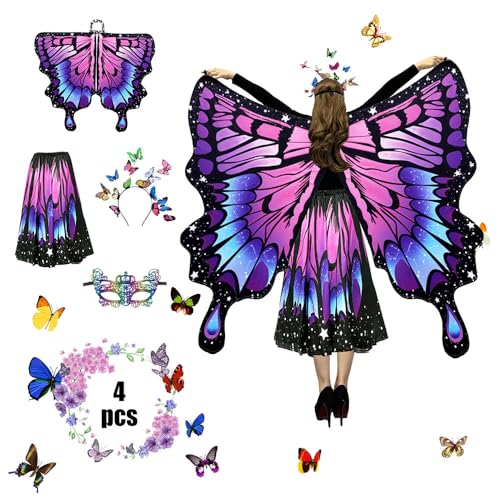 Anyingkai Schmetterling Kostüm Damen,Schmetterlingsflügel Erwachsene,4-teiliges Set Schmetterling Umhang,Schmetterling Damen Umhang,Schmetterlingskostüm Flügel Cosplay Fasching Skostüme für Karneval von Anyingkai