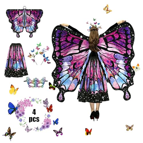 Anyingkai Schmetterling Kostüm Damen,Schmetterlingsflügel Erwachsene,4-teiliges Set Schmetterling Umhang,Schmetterling Damen Umhang,Schmetterlingskostüm Flügel Cosplay Fasching Skostüme für Karneval von Anyingkai