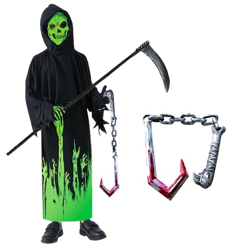 Sensenmann Halloween Kostüm Kinder,Sensenmann Kostüm Set,Sensenmann Kostüm Kinder Glow in The Dark,Sensenmann Umhang Kinder,Halloween Kostüm Kinder für Halloween,Karneval,Fasching,Mottoparty(M) von Anyingkai